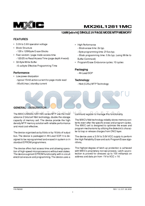 MX26L12811MC-12 datasheet - 128M [x8/x16] SINGLE 3V PAGE MODE MTP MEMORY