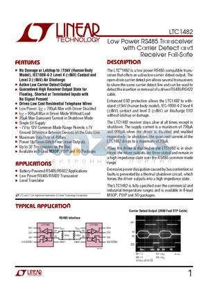 LTC1482IN8 datasheet - Low Power RS485 Transceiver with Carrier Detect and Receiver Fail-Safe