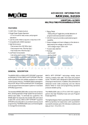 MX26L3220MC-12 datasheet - 32M-BIT [2M x 16] CMOS MULTIPLE-TIME-PROGRAMMABLE EPROM