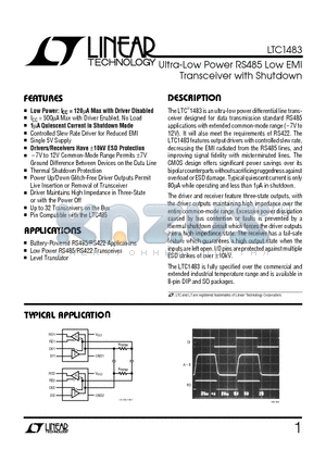 LTC1483 datasheet - Ultra-Low Power RS485 Low EMI Transceiver with Shutdown