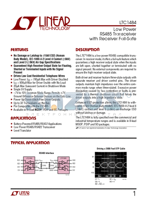 LTC1484C datasheet - Low Power RS485 Transceiver with Receiver Fail-Safe