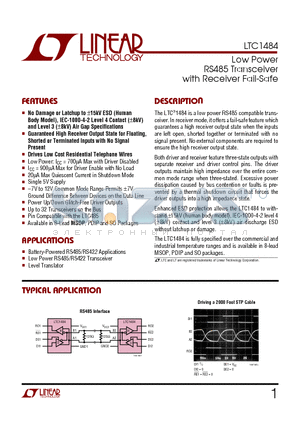 LTC1484IN8 datasheet - Low Power RS485 Transceiver with Receiver Fail-Safe