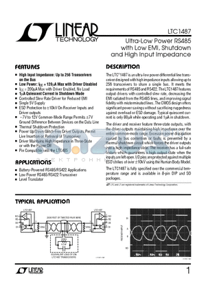 LTC1487 datasheet - Ultra-Low Power RS485 with Low EMI, Shutdown and High Input Impedance