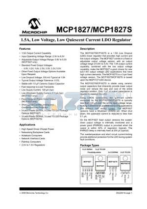 MCP1827-0802EAB datasheet - 1.5A, Low Voltage, Low Quiescent Current LDO Regulator