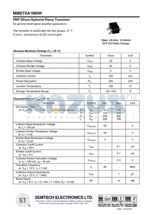 MMBTSA1980W datasheet - PNP Silicon Epitaxial Planar Transistor