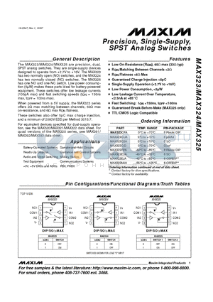 MAX323 datasheet - Precision, Single-Supply, SPST Analog Switches