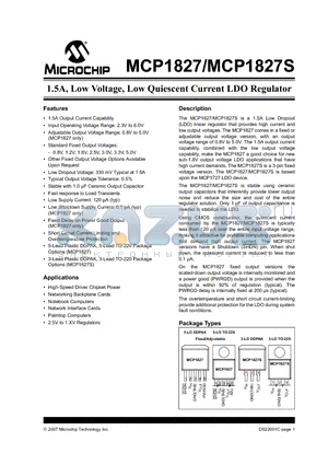 MCP1827 datasheet - 1.5A, Low Voltage, Low Quiescent Current LDO Regulator