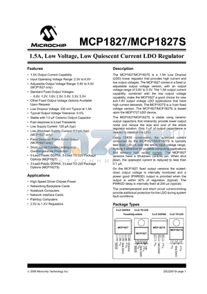 MCP1827-0802EAT datasheet - 1.5A, Low Voltage, Low Quiescent Current LDO Regulator