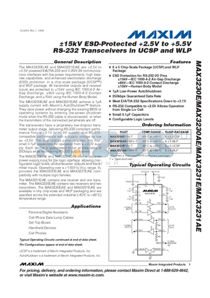 MAX3230EEBV-T datasheet - a15kV ESD-Protected 2.5V to 5.5V RS-232 Transceivers in UCSP and WLP