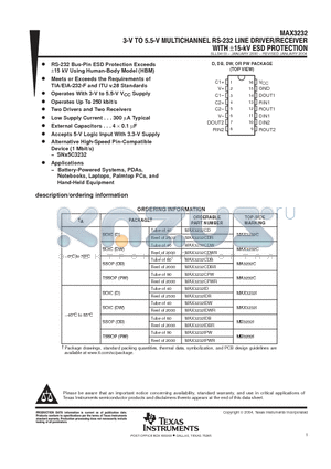 MAX3232CD datasheet - 3-V TO 5.5-V MULTICHANNEL RS-232 LINE DRIVER/RECEIVER WITH -15-kV ESD PROTECTION