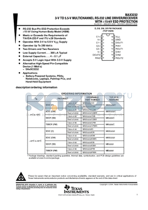 MAX3232CDBE4 datasheet - 3-V TO 5.5-V MULTICHANNEL RS-232 LINE DRIVER/ RECEIVER WITH -15-kV ESD PROTECTION