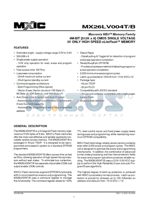 MX26LV004T datasheet - 4M-BIT [512K x 8] CMOS SINGLE VOLTAGE 3V ONLY HIGH SPEED eLiteFlashTM MEMORY