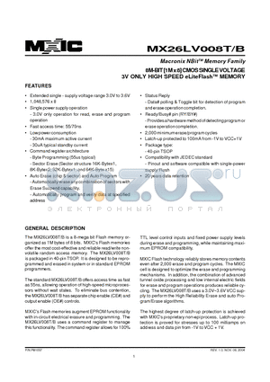 MX26LV008TTC-70 datasheet - 8M-BIT [1M x 8] CMOS SINGLE VOLTAGE 3V ONLY HIGH SPEED eLiteFlashTM MEMORY