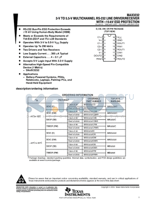 MAX3232CDWG4 datasheet - 3-V TO 5.5-V MULTICHANNEL RS-232 LINE DRIVER/ RECEIVER WITH -15-kV ESD PROTECTION