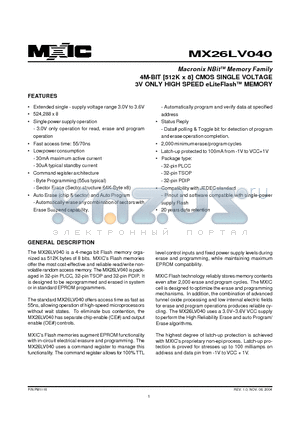 MX26LV040PC-55 datasheet - 4M-BIT [512K x 8] CMOS SINGLE VOLTAGE 3V ONLY HIGH SPEED eLiteFlashTM MEMORY