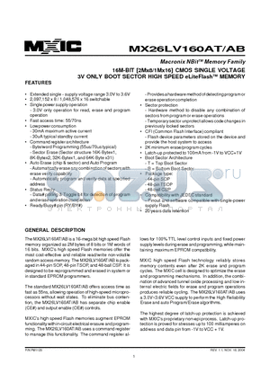 MX26LV160ABMC-70 datasheet - 16M-BIT [2Mx8/1Mx16] CMOS SINGLE VOLTAGE 3V ONLY BOOT SECTOR HIGH SPEED eLiteFlashTM MEMORY