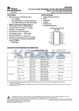 MAX3232ECDBR datasheet - 3-V TO 5.5-V MULTICHANNEL RS-232 LINE DRIVER/RECEIVER WITH a15-kV IEC ESD PROTECTION