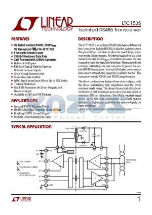 LTC1535ISW datasheet - Isolated RS485 Transceiver