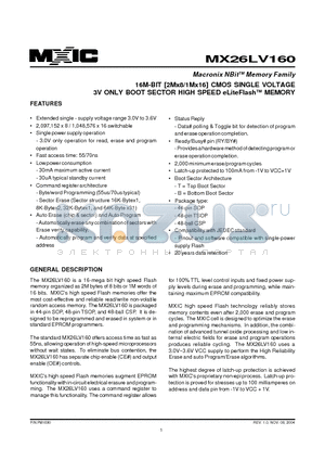 MX26LV160BTC-55 datasheet - 16M-BIT [2Mx8/1Mx16] CMOS SINGLE VOLTAGE 3V ONLY BOOT SECTOR HIGH SPEED eLiteFlashTM MEMORY