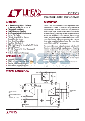 LTC1535ISWPBF datasheet - Isolated RS485 Transceiver
