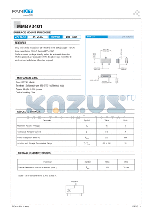 MMBV3401 datasheet - SURFACE MOUNT PIN DIODE