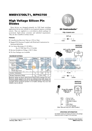 MMBV3700LT1 datasheet - High Voltage Silicon Pin Diodes