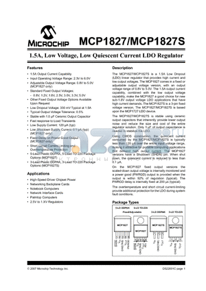 MCP1827ST-0802E/AB datasheet - 1.5A, Low Voltage, Low Quiescent Current LDO Regulator