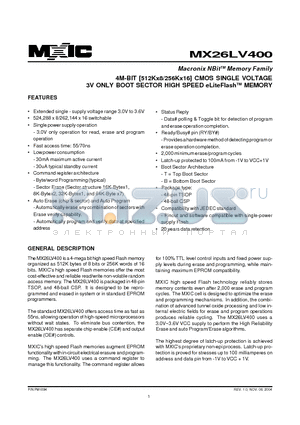 MX26LV400BXBC-55G datasheet - 4M-BIT [512Kx8/256Kx16] CMOS SINGLE VOLTAGE 3V ONLY BOOT SECTOR HIGH SPEED eLiteFlashTM MEMORY