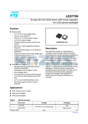 LED7706 datasheet - 6-rows 30 mA LEDs driver with boost regulator for LCD panels backlight