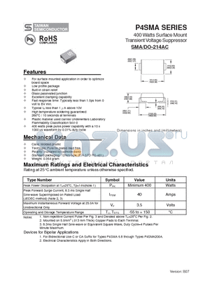 P4SMA13 datasheet - 400 Watts Surface Mount Transient Voltage Suppressor