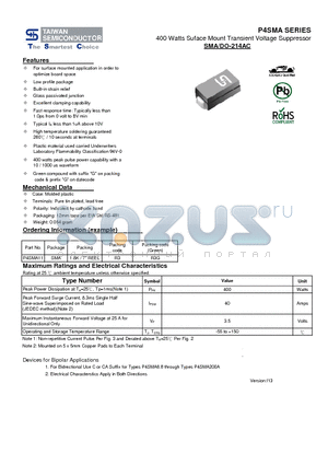 P4SMA130 datasheet - 400 Watts Suface Mount Transient Voltage Suppressor