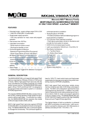 MX26LV800ATXBC-70 datasheet - 8M-BIT [1Mx8/512K x16] CMOS SINGLE VOLTAGE 3V ONLY HIGH SPEED eLiteFlashTM MEMORY