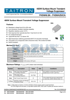 P4SMA130A datasheet - 400W Surface Mount Transient Voltage Suppressor