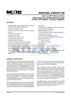 MX26LV800BTC-55 datasheet - 8M-BIT [1Mx8/512K x16] CMOS SINGLE VOLTAGE 3V ONLY HIGH SPEED eLiteFlashTM MEMORY