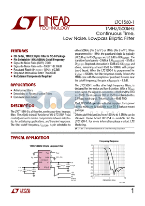 LTC1560-1I datasheet - 1MHz/500kHz Continuous Time, Low Noise, Lowpass Elliptic Filter