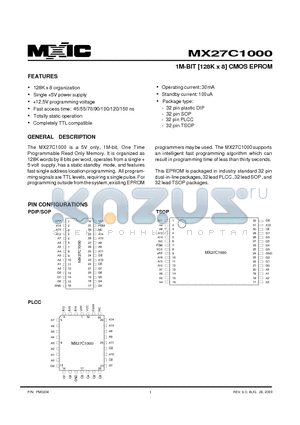 MX27C1000PC-45 datasheet - 1M-BIT [128K x 8] CMOS EPROM