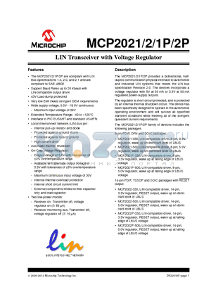 MCP2021P datasheet - LIN Transceiver with Voltage Regulator