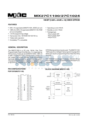 MX27C1024PC-70 datasheet - 1M-BIT [128K x 8/64K x 16] CMOS EPROM