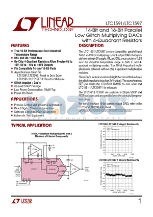 LTC1591CN datasheet - 14-Bit and 16-Bit Parallel Low Glitch Multiplying DACs with 4-Quadrant Resistors