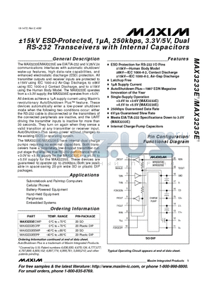 MAX3235E datasheet - a15kV ESD-Protected, 1lA, 250kbps, 3.3V/5V, Dual RS-232 Transceivers with Internal Capacitors