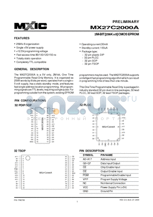 MX27C2000AMC-12 datasheet - 2M-BIT [256K x 8] CMOS EPROM