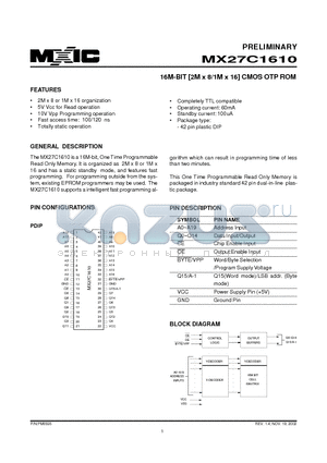 MX27C1610 datasheet - 16M-BIT [2M x 8/1M x 16] CMOS OTP ROM