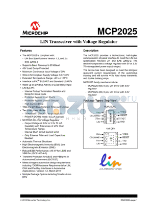 MCP2025-500E/MD datasheet - LIN Transceiver with Voltage Regulator