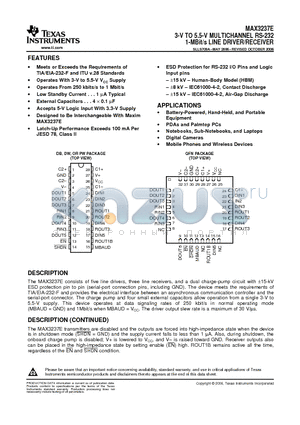 MAX3237EIDWG4 datasheet - 3-V TO 5.5-V MULTICHANNEL RS-232 1-MBit/s LINE DRIVER/RECEIVER