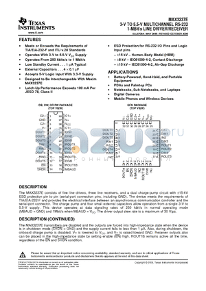 MAX3237EIPWRG4 datasheet - 3-V TO 5.5-V MULTICHANNEL RS-232 1-MBit/s LINE DRIVER/RECEIVER