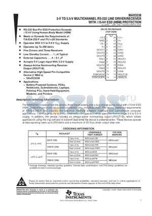 MAX3238CDBR datasheet - 3-V TO 5.5-V MULTICHANNEL RS-232 LINE DRIVER/RECEIVER