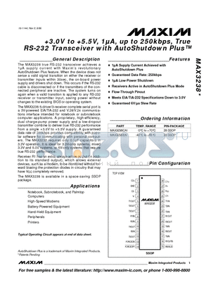 MAX3238EAI datasheet - 3.0V to 5.5V, 1lA, up to 250kbps, True RS-232 Transceiver with AutoShutdown Plus
