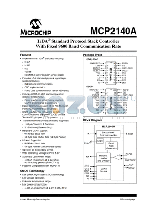 MCP2140A-I/SO datasheet - IrDA^ Standard Protocol Stack Controller With Fixed 9600 Baud Communication Rate