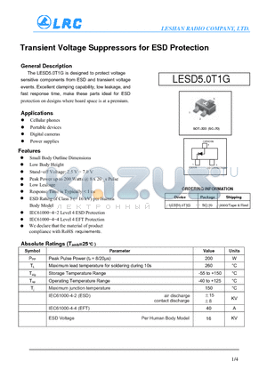 LESD5.0T1G datasheet - Transient Voltage Suppressors for ESD Protection