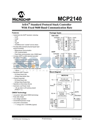 MCP2140-IP datasheet - IrDA^ Standard Protocol Stack Controller With Fixed 9600 Baud Communication Rate